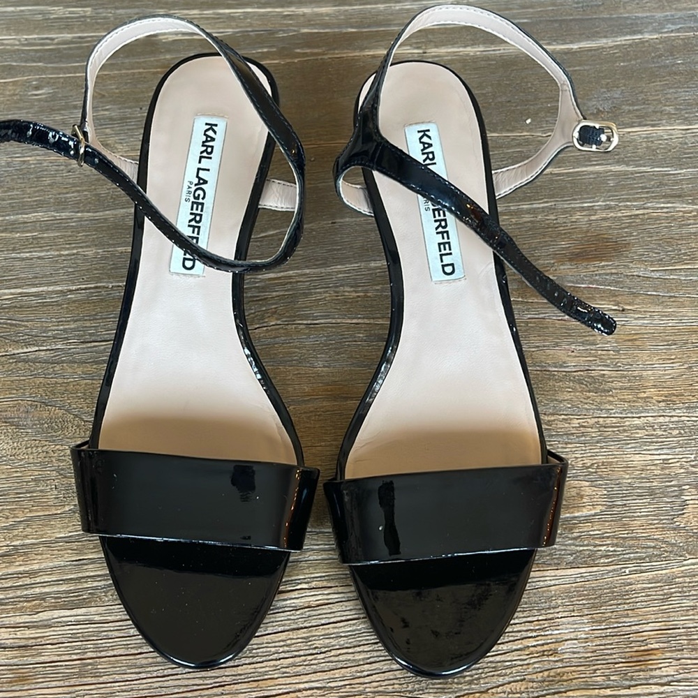 Karl Lagerfeld Black Patent Leather Strappy Heeled Sandals Size 7